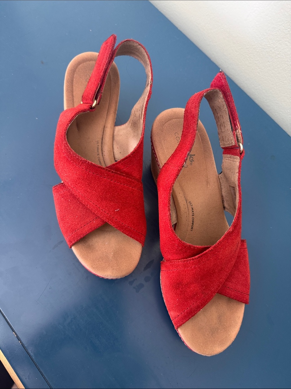 Clarks Red Suede Cross-Strap Slingback Sandals